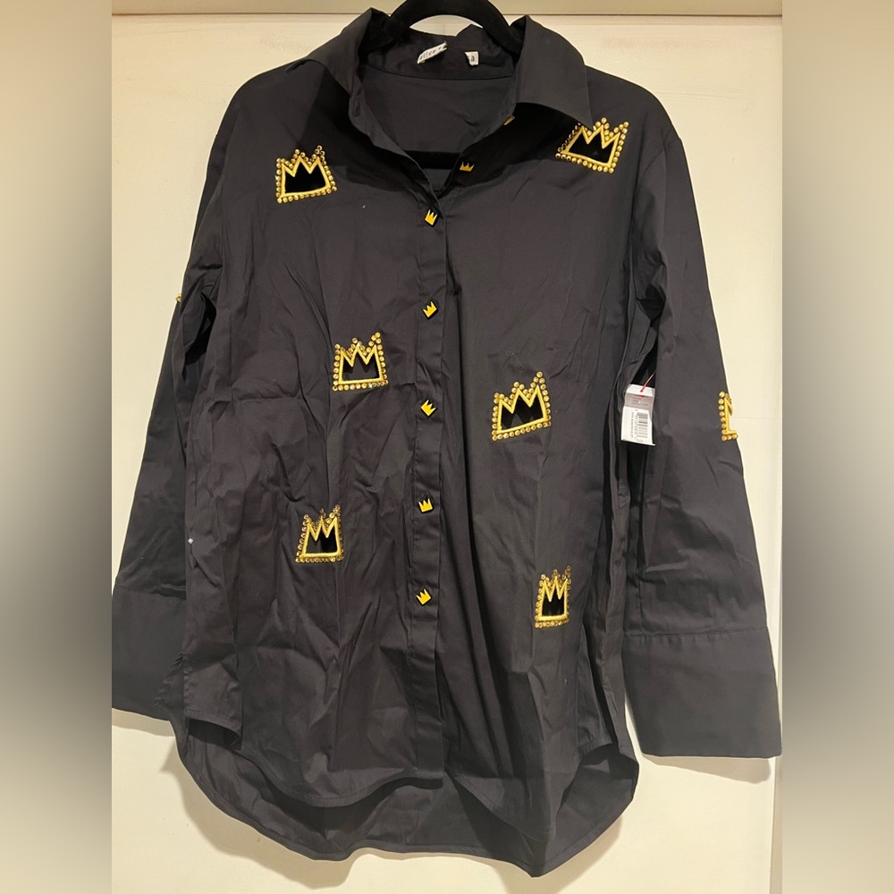 Alice + Olivia x Basquiat rhinestone-embellished cut-out shirt in BLACK